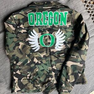 Camo jean vest, Oregon ducks, hand painted
